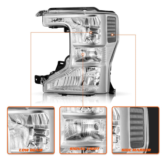 20-22 Ford Superduty Chrome Housing With Clear Reflector Halogen Headlights
