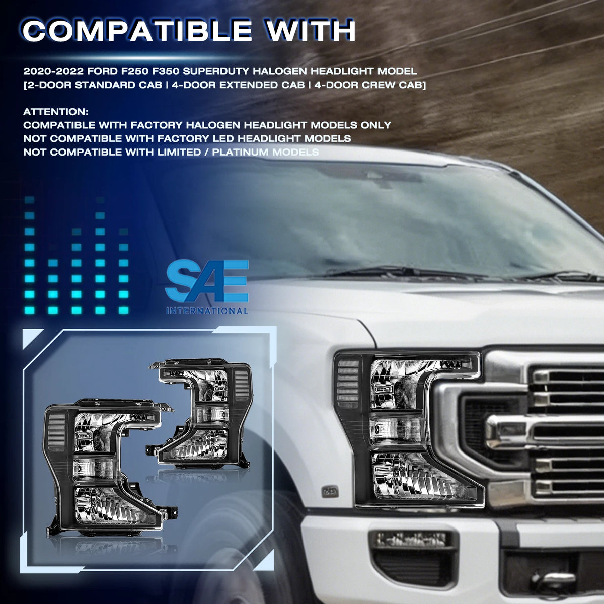 20-22 Ford Superduty Black Housing With Clear Reflector Halogen Headlights