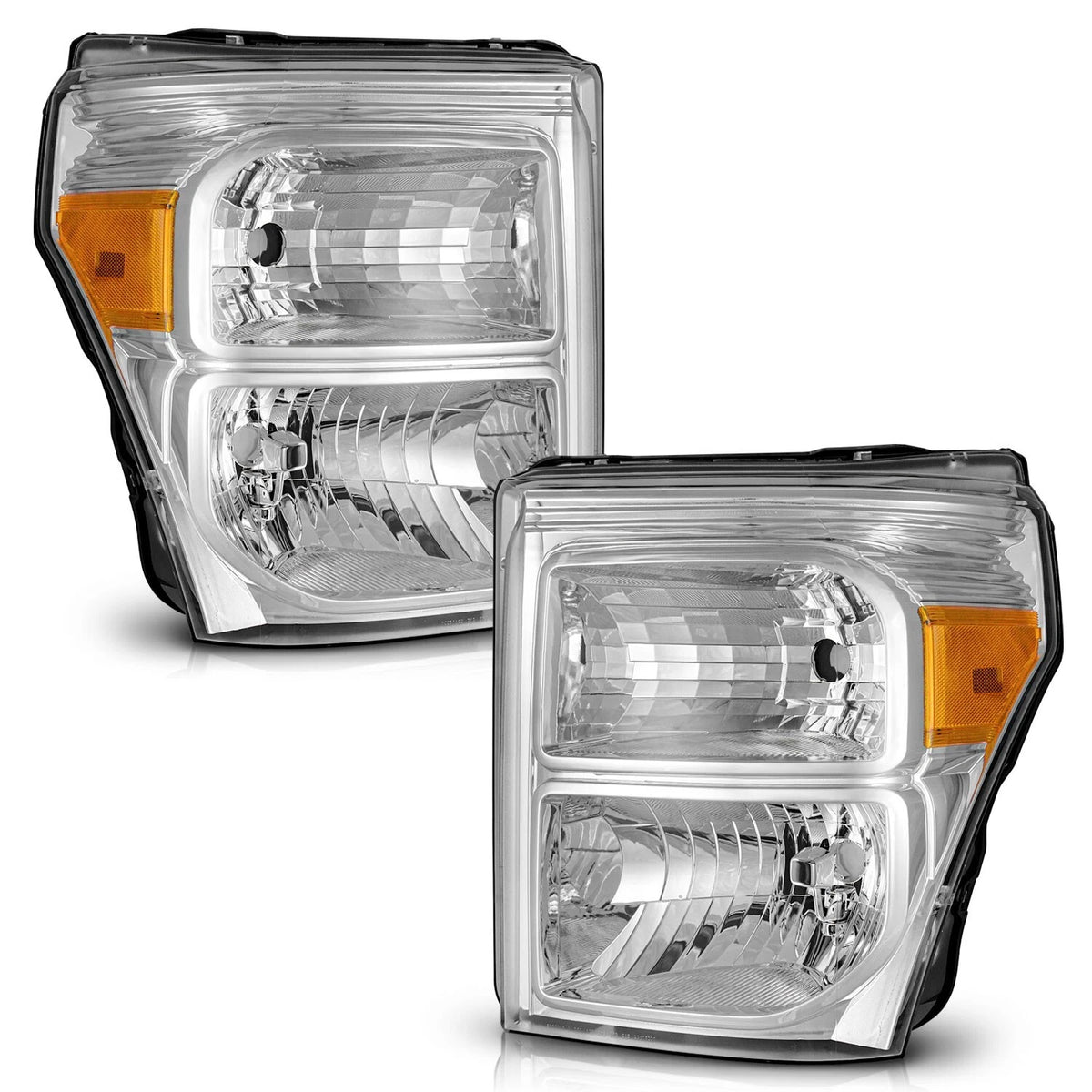 11–16 Ford F250 F350 F450 F550 Super Duty Chrome Headlights with Amber Reflectors