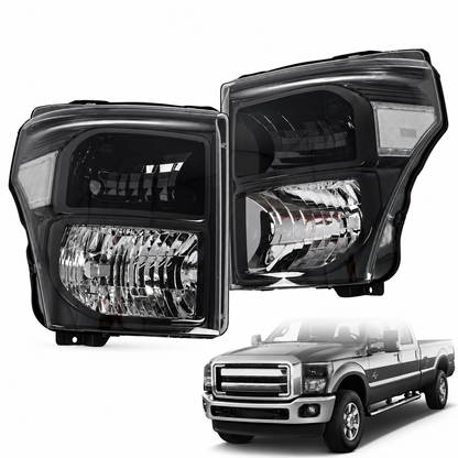 11–16 Ford F250 F350 F450 F550 Super Duty Black Headlights with Clear Reflectors