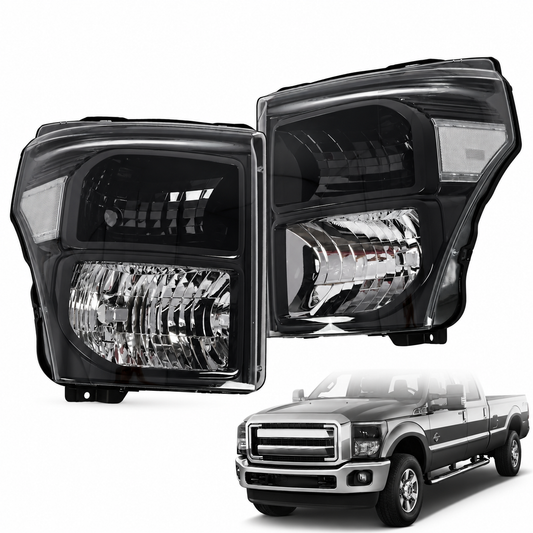 11–16 Ford F250 F350 F450 F550 Super Duty Black Headlights with Clear Reflectors