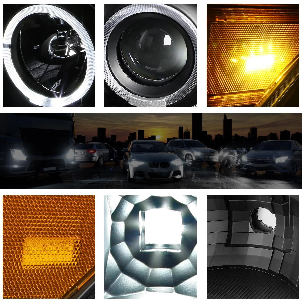 11-16 Ford Super Duty LED Halo Ring Projector Headlight Amber Corner Black