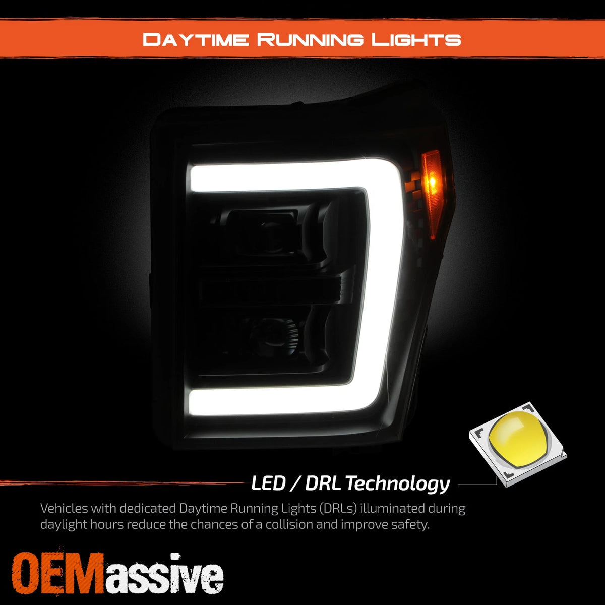 11-16 Ford F250 F350 F450 Super Duty Projector Black Headlight w/LED DRL