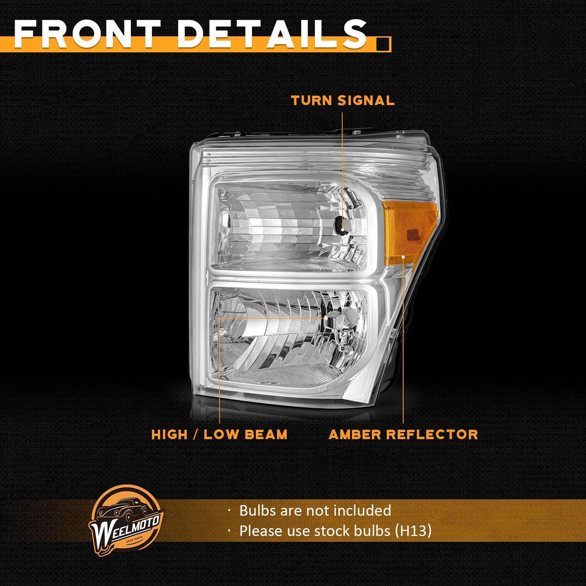 11–16 Ford F250 F350 F450 F550 Super Duty Chrome Headlights with Amber Reflectors