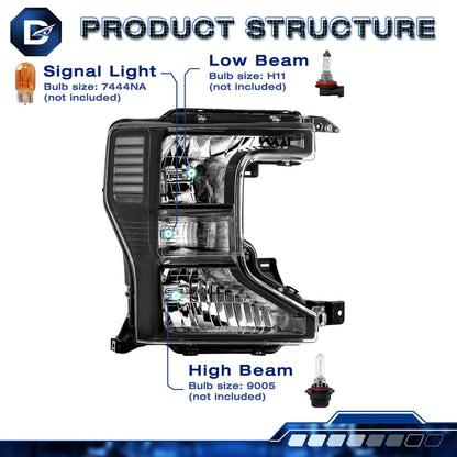20-22 Ford Superduty Black Housing With Clear Reflector Halogen Headlights