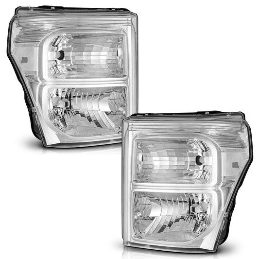 11–16 Ford F250 F350 F450 F550 Super Duty Chrome Headlights with Clear Reflectors