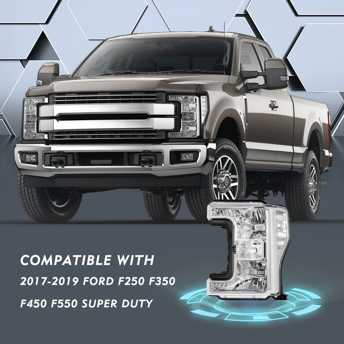 17-19 Ford f250 F350 F450 F550 SuperDuty Headlights Chrome with Clear Reflector