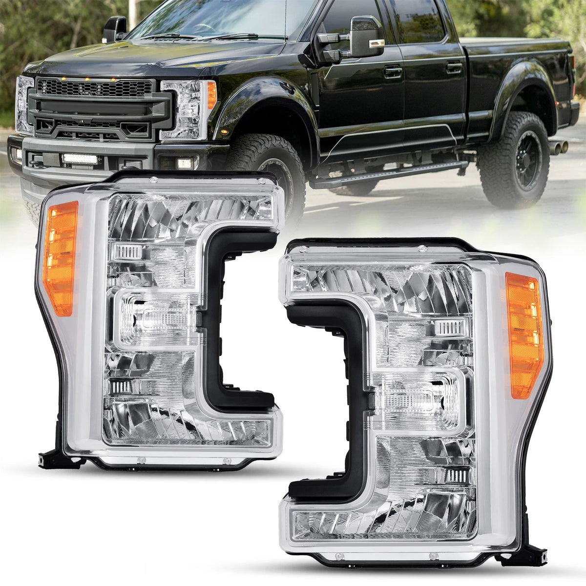 17-19 Ford f250 F350 F450 F550 SuperDuty Headlights Chrome with Amber Reflector