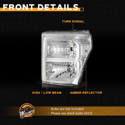 11–16 Ford F250 F350 F450 F550 Super Duty Chrome Headlights with Clear Reflectors