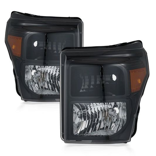 11–16 Ford F250 F350 F450 F550 Super Duty Black Headlights with Amber Reflectors