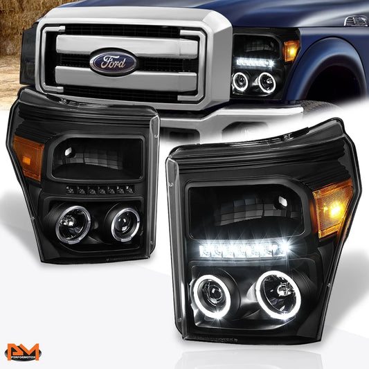 11-16 Ford Super Duty LED Halo Ring Projector Headlight Amber Corner Black