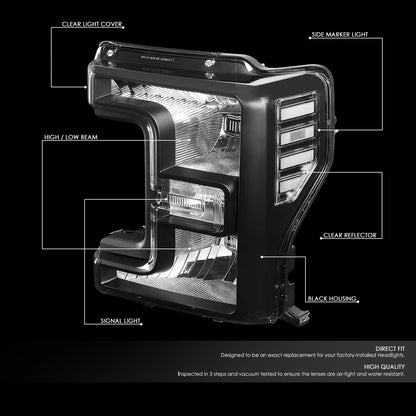 17-19 Ford f250 F350 F450 F550 SuperDuty Headlights Black with Clear Reflector