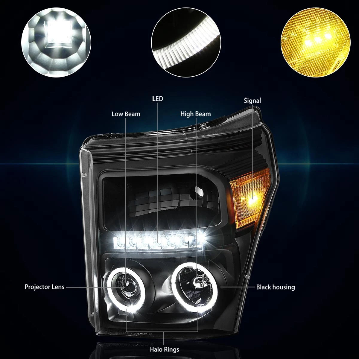 11-16 Ford Super Duty LED Halo Ring Projector Headlight Amber Corner Black